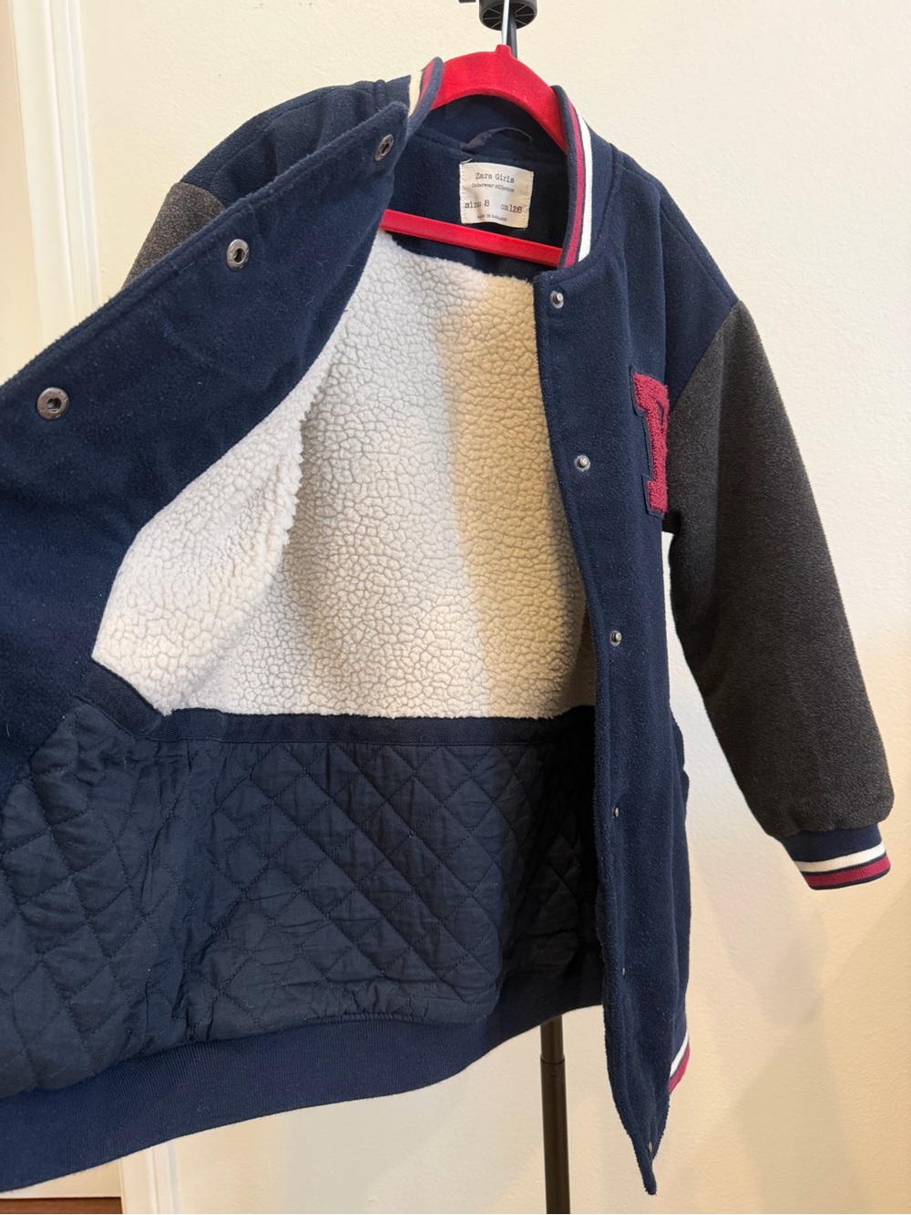 Zara Girls Navy & Charcoal Varsity Jacket with Red 'R' Patch - Picture 4 of 7